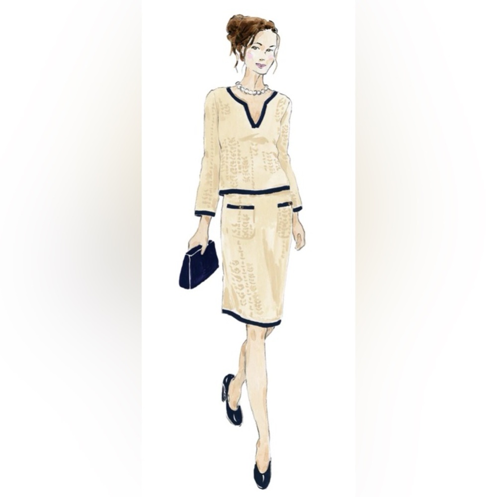 J. Peterman Vivienne Pointelle Cotton Suit Set Cream Navy Trim Skirt Top XS/S